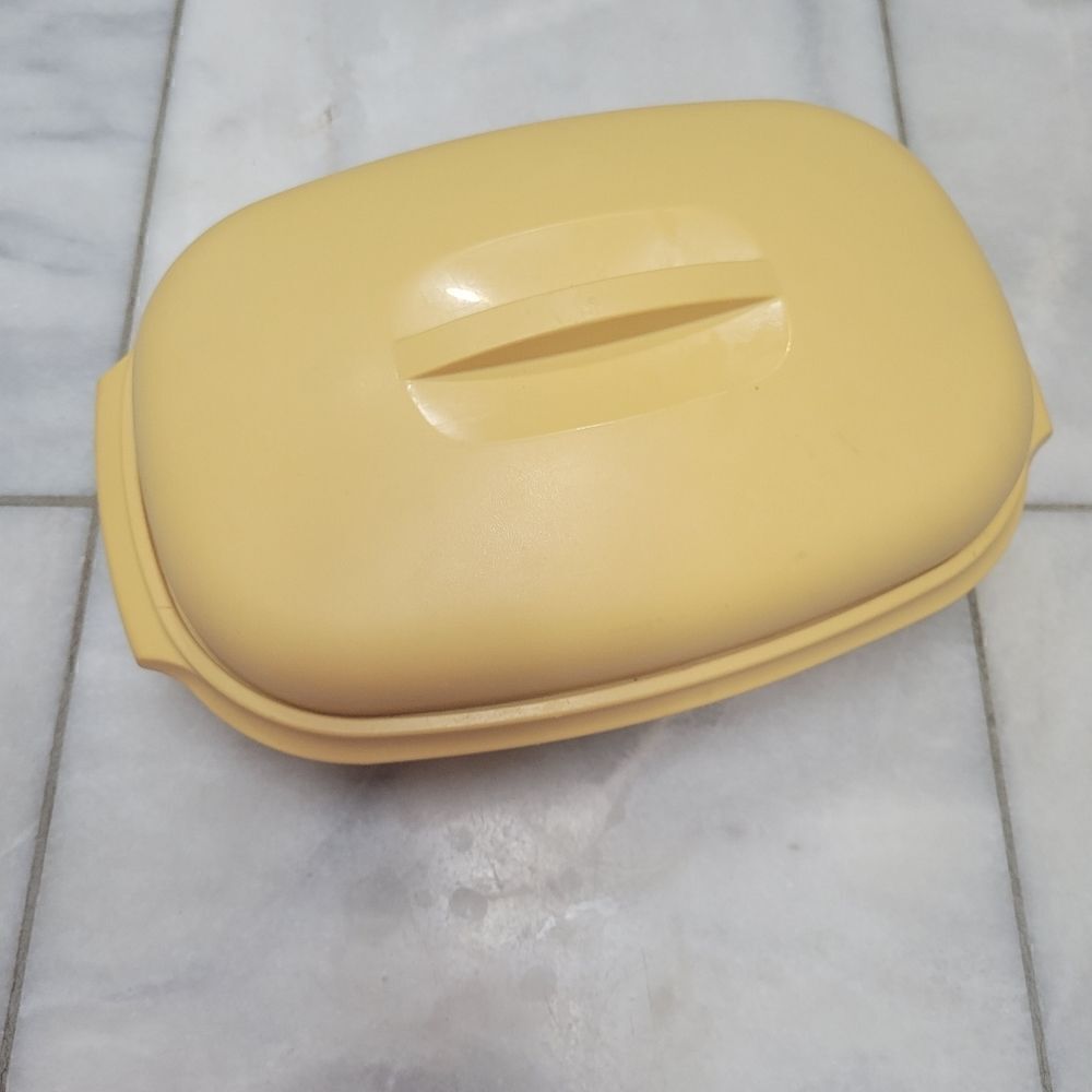 Vintage Tupperware 3 Piece Veggie Rice Steamer Oval Serving Bowl Yellow Gold